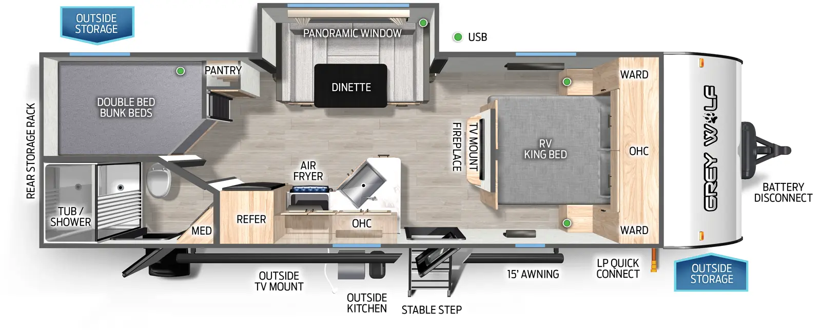 The Grey Wolf 23DBH floorplan has two entries and one slide out. Exterior features include: metal exterior, 15' awning and outside kitchen. Interiors features include: bunk beds, u-dinette and front bedroom.